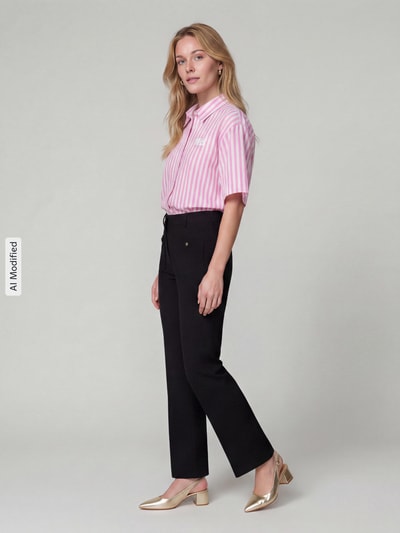 Raffaello Rossi Regular fit barrel leg broek van viscosemix model 'Miley Buttons' Zwart - 1