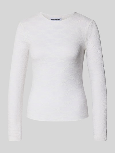 Produktfoto, Longsleeve aus floraler Spitze von REVIEW in Weiß mit Rundhalsausschnitt, enganliegender Schnitt, semi-transparente Optik, Material-Mix mit Stretch-Anteil