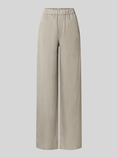 Produktfoto, Wide Fit Stoffhose mit elastischem Bund Modell 'Consider' von Drykorn aus Cupro-Mix mit Baumwoll-Anteil, helle Beige-Töne, glatte Textur, gerade weites Schlupfhosen-Design, mit Gesäßtaschen, Damen Stoffhose