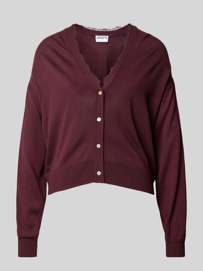 Produktfoto, Boxy Fit Strickjacke mit Leinen-Anteil von Jake*s Casual in Optik: Unifarben, Strick, Knopfleiste, Spitzenbesatz am Kragen