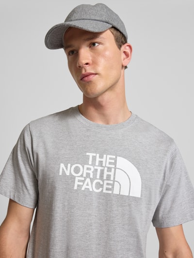 Männermodel trägt Regular Fit T-Shirt mit Logo-Print Modell 'Evolution' von The North Face, grau, Baumwoll-Mix, Nahaufnahme Oberkörper.