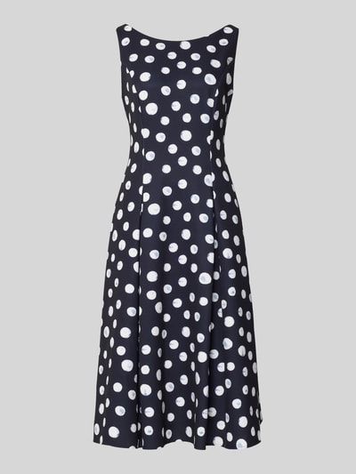 Produktfoto, Cocktailkleid im Allover-Look von Vera Mont, dunkles Midikleid in A-Linie mit weißen Punkten, Material-Mix mit Stretch-Anteil, Rundhalsausschnitt, Rückenlänge bei Größe 36 32 cm, Brustweite bei Größe 36 36 cm.