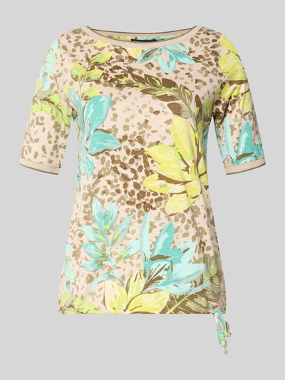 Produktfoto, T-Shirt aus Baumwoll-Modal-Mix im Allover-Look von Betty Barclay in Beige mit grün-gelben und türkisen Blumen, Regular Fit, Rundhalsausschnitt, Rückenlänge 54 cm bei Größe 36, zarte Textur mit floralem Muster.