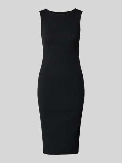 Produktfoto, czarna sukienka Knielanges Kleid aus Baumwoll-Mix Modell 'RUBY' von Vero Moda, efekt: jednolity kolor, podkreślająca figurę, długość do kolan, dekolt w łódkę, faktura, bez rękawów, prosty dół, prążkowana faktura, mieszanka bawełny