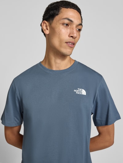 Männermodel trägt T-Shirt mit Label-Print Modell 'Evolution' von The North Face in Blau, Baumwoll-Mix, Regular Fit, Nahaufnahme Oberkörper.