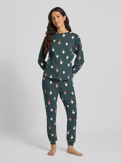 Jake*s Casual Pyjamabroek met elastische band en tunnelkoord Donkergroen - 1