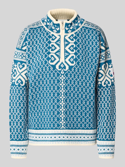 Produktfoto, Strickpullover aus Wolle im Allover-Look Modell 'LEKNES' van Dale of Norway, zuiver wol, regular fit, opstaande kraag, rits, blauw-wit patroon, dames, ruglengte 58 cm, mouwlengte 51 cm.