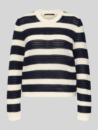 Produktfoto, Strickpullover aus Schurwoll-Kaschmir-Mix von Windsor in Navy und Weiß, lockerer Schnitt, grobe Lochstickerei, gerippte Abschlüsse, Rundhalsausschnitt