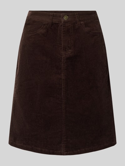 Produktfoto, dunkelbrauner Cordrock mit Gesäßtaschen Modell 'Gi44anna' von ZABAIONE, Baumwoll-Mix mit Stretch-Anteil, gerader Schnitt, feine Cordstruktur, Minirock, Frontansicht.