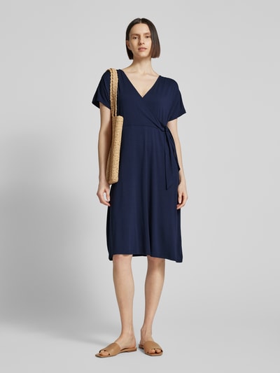 Fransa Knielange jurk in wikkellook, model 'DOTTIE' Marineblauw - 1
