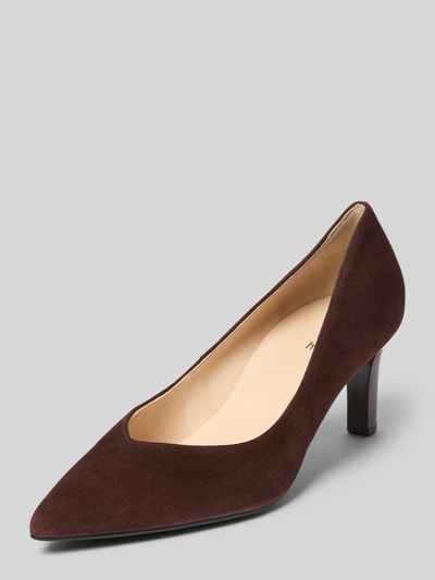 Productfoto, pumps uit echt leer model 'Penny' van Högl in donkerbruin met spitse pasvorm en naaldhak, hakhoogte 7 cm, schachthoogte 7 cm, schachtbreedte 21 cm