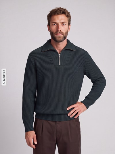 Selected Regular Fit Pullover aus reiner Baumwolle mit Troyer-Kragen Dunkelgruen 4