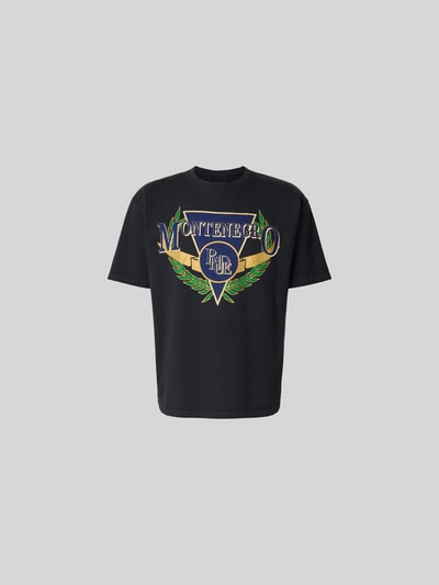 Produktfoto, Regular Fit T-Shirt mit Logo-Print von RHUDE aus reine Baumwolle im Kurzärmelig Design, schwarzer Grundton, Rundhalsausschnitt, Rückenlänge bei Größe M 68 cm, bunter Logo-Print auf der Vorderseite