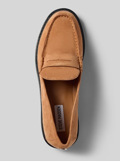 Productfoto, Sneaker uit leer met sierband model 'Adison' van Steve Madden in beige, afgeronde vorm, licht gestructureerde zool, labeldetail, hakhoogte 2 cm, schachthoogte 6 cm, schachtbreedte 12 cm, damessneaker, bovenaanzicht.