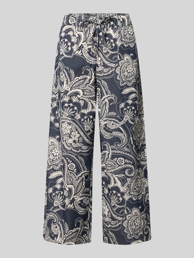 Produktfoto, Wide Leg Hose aus Baumwoll-Mix Modell 'MAINE S' von Brax mit Allover-Muster, dunkle Grundfarbe, florale Muster, sichtbarer Tunnelzug, seitliche Eingrifftaschen, glatte Struktur.