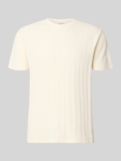 Produktfoto, Regular Fit T-Shirt aus Baumwolle von Guess, kremowy, wzór w pionowe paski, krój regular fit, okrągły dekolt, czysta bawełna, długość tyłu w rozmiarze M: 69 cm, detal z logo
