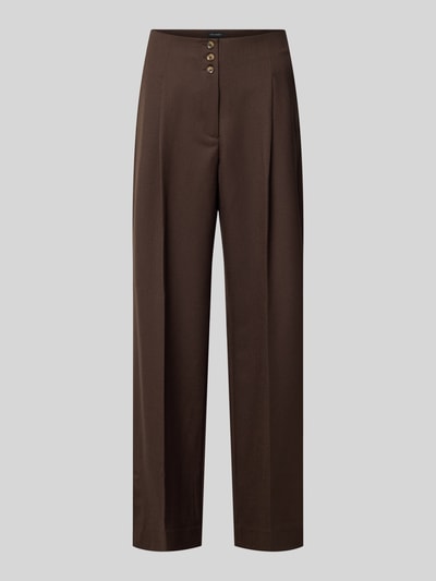 Produktfoto, spodnie z szerokimi nogawkami Wide Leg Hose mit Bügelfalten Modell 'RAVNA' od Copenhagen Muse, mieszanka materiałów z dodatkiem wiskozy, kanty, listwa guzikowa, szerokość w rozmiarze S: 39 cm, długość wewnętrzna nogawki w rozmiarze S: 80 cm, kolor ciemnobrązowy, gładka tekstura