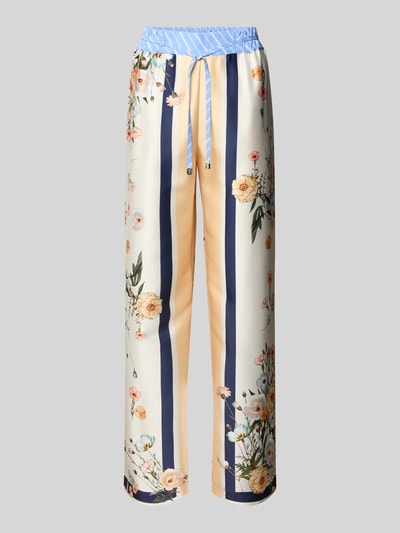 Produktfoto, Wide Fit Stoffhose aus Satin von Liu Jo White mit floraler Allover-Print, elastischem Bund mit Tunnelzug, sanfte Farben, glatte Oberfläche.