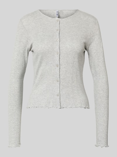Produktfoto, Slim Fit Cardigan aus Baumwoll-Viskose-Mix Modell 'MARIE' von Pieces, efekt melanżu, ażurowy wzór, listwa guzikowa, okrągły dekolt, długi rękaw, zakończenie z falbanką, mieszanka bawełny i wiskozy, jasnoszary odcień, tekstura dzianiny