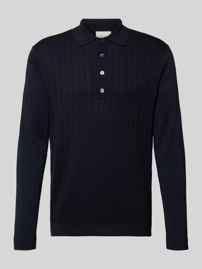 Produktfoto, ciemnogranatowy Strickpullover aus reiner Baumwolle mit Polokragen von Profuomo, krój slim fit, prążkowana faktura, elastyczne wykończenia, długość tyłu w rozmiarze M 70 cm, długość rękawa w rozmiarze M 65 cm.