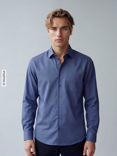 Männermodel trägt Regular Fit Businesshemd aus reiner Baumwolle Modell 'New Kent' von Seidensticker in Blau, Herren Businesshemd, Ganzkörperansicht von vorne.