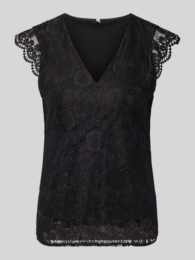 Produktfoto, Slim Fit Blusentop mit Spitzenbesatz Modell 'OLLINE' van Pieces, zwart, uni, V-hals, afgeronde zoom, bloemenkant, label stitching