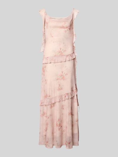 Produktfoto, Maxikleid aus Mesh Modell 'Adelle' von Neo Noir im Allover-Look mit Rüschen in zartem Rosa und floralen Mustern, gerader Schnitt
