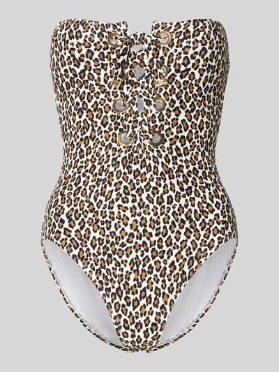 Produktfoto, Badeanzug mit Schnürung Modell 'SMALL LEOPARD LACE UP ONE' von Michael Kors im Leoparden-Print, Material-Mix mit Stretch-Anteil, figurbetonte Passform, Off-Shoulder-Look, Removable Soft Cups.