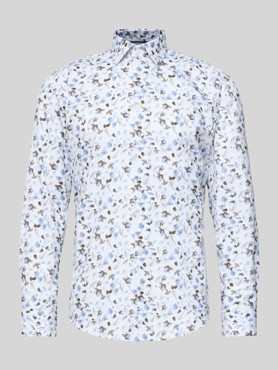 Productfoto, Regular Fit Business Hemd aus Baumwolle mit Kentkragen van Christian Berg Men, wit met blauw en bruin bloemenpatroon, knoopsluiting, katoen, regular fit, kentkraag, ruglengte 78 cm, schouderbreedte 58 cm, mouwlengte 64 cm