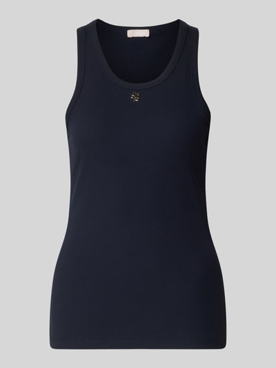 Produktfoto, Slim Fit Top mit Logo-Applikation von Liu Jo White aus elastischem Baumwoll-Mix in Dunkelblau mit Rundhalsausschnitt, Rückenlänge 62 cm bei Größe S
