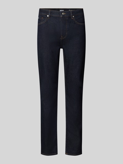 Produktfoto, dunkelblaue Slim Fit Jeans aus Baumwoll-Mix Modell 'Delaware' von BOSS, gerade Schnittform, feine Webstruktur