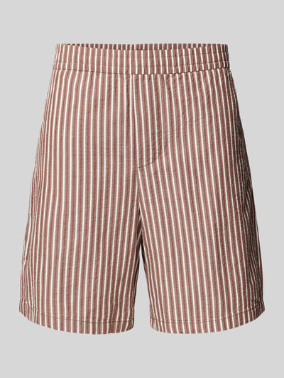 Produktfoto, Regular Fit Shorts aus reiner Baumwolle Modell 'STUART' von SELECTED HOMME, Optik: Unifarben, Materialverarbeitung: Seersucker, braun-weiß gestreift, Bundabschluss: elastisch, mit seitlichen Eingrifftaschen und Gesäßtaschen.