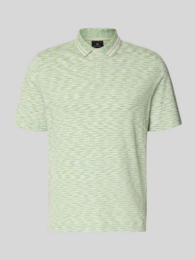Produktfoto, Regular Fit Poloshirt mit Polokragen von PAUL SMITH, grün gemustert, reine Baumwolle, kurze Knopfleiste, Rückenlänge 70 cm bei Größe M.
