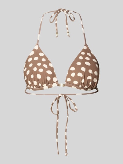 Produktfoto, Bikini-Oberteil mit Neckholder Modell 'Dauna' von Barts aus Material-Mix mit Stretch-Anteil im Triangel-Fit mit weißem Punktmuster, Perlen und Schnürung auf braunem Hintergrund.