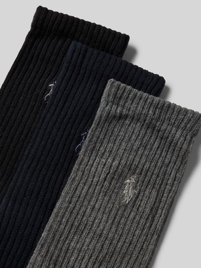 Productfoto, Socken mit Stretch-Anteil im 3er-Pack van Polo Ralph Lauren, geribde boorden, logo, katoenmix, gevoerde zool, zwart, blauw, grijs.