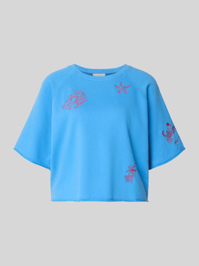 Produktfoto, Sweatshirt mit Stitchings und 1/2-Arm von Oui in Blau mit roten Stitchings, Boxy-Fit, Reine Baumwolle, Rundhalsausschnitt
