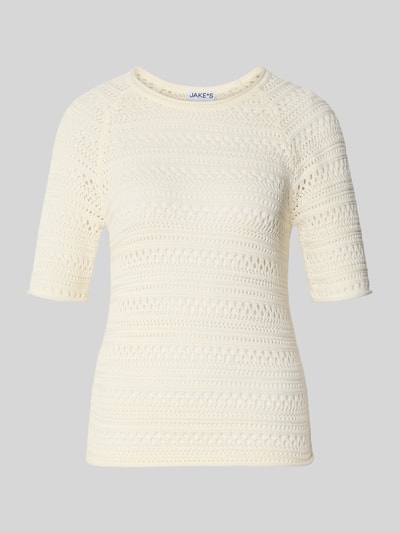 Produktfoto, Strickshirt mit Rundhalsausschnitt von Jake*s Casual z bawełny, krój regular fit, kolor kremowy, faktura ażurowa