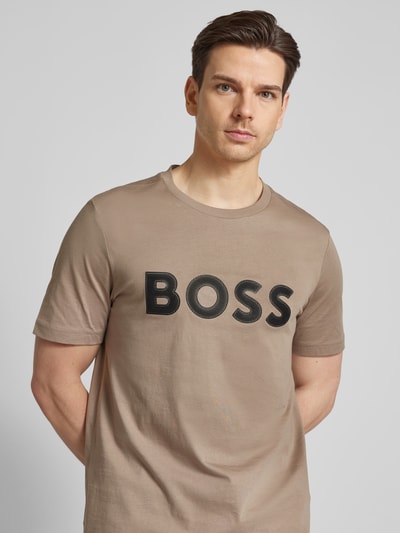 BOSS Green T-shirt z napisem z logo Piaskowy 3