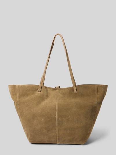 Produktfoto, Tote Bag mit Tragehenkel von Mango aus Rindsleder in Braun, Hauptfach mit Magnetverschluss, Reißverschluss-Innenfach, Maße 54x31x13 cm, Schulterriemen 63 cm.