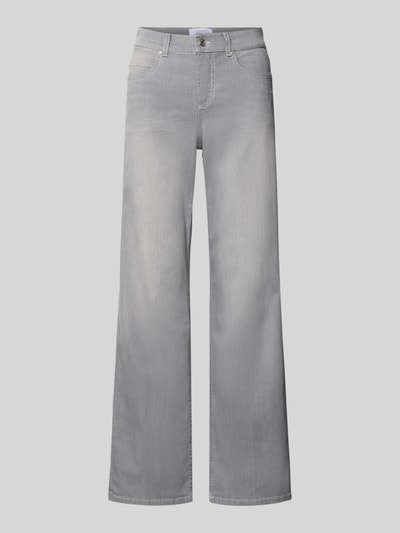 Produktfoto, graue Straight Fit Jeans im 5-Pocket-Design Modell 'Lara' von Angels, Baumwoll-Mix mit Stretch-Anteil, sichtbare Knopf- und Reißverschluss Details, klassische Jeansstruktur, Bundweite 39 cm, Innenbeinlänge 78 cm, Größe 36/30