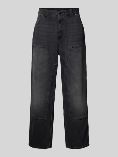 Produktfoto, Wide Fit Jeans Logo-Patch Modell 'Grind' von Carhartt Work In Progress in Schwarz aus reiner Baumwolle, 5-Pocket-Design, Knopf-Reißverschluss, sichtbare Struktur