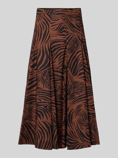 Produktfoto, Ausgestellter Midi-Rock aus reiner Baumwolle Modell 'PANTEON' von Weekend Max Mara, braun-schwarzes Allover-Muster, Popeline-Stoff, elastischer Bund, mittlere Länge, Damenmode