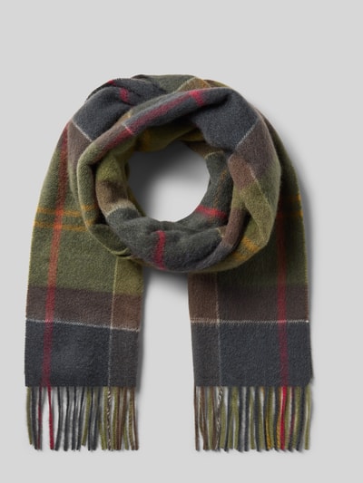 Produktfoto, Schal aus reinem Kaschmir von Barbour, kariertes Muster in Grau, Grün, Rot und Gelb, weiche Textur, Damen Schal von Barbour