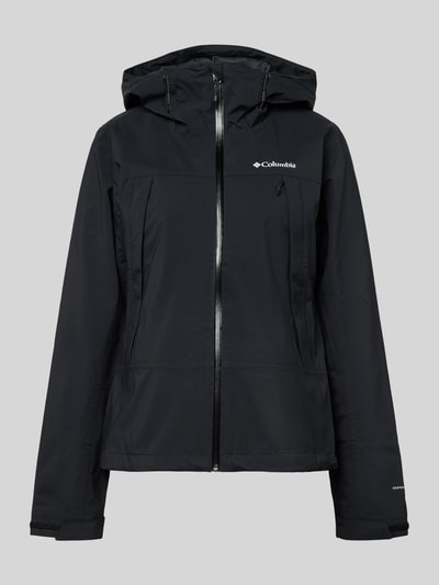Produktfoto, schwarze Regenjacke mit Omni-Tech™ ECO-Technologie von Columbia, verstellbare Kapuze, Taillierung, Reißverschlusstaschen, Mesh-Futter, Damen
