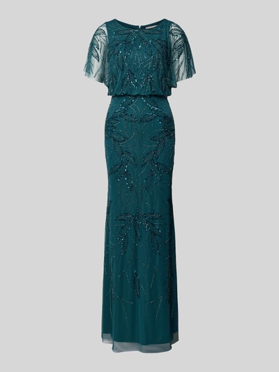Produktfoto, Abendkleid mit Perlen und Pailletten von Christian Berg Cocktail, taillierter Schnitt, Maxikleid in Petrol, florale Muster.