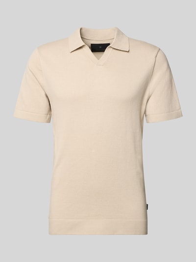 Productfoto, gebreid shirt met v-hals model 'MILANO' van Jack & Jones Premium in katoenmix, recht model, platte kraag, labeldetail, ruglengte maat M 69 cm