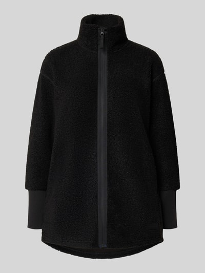 Produktfoto, schwarze Fleecejacke mit Stehkragen Modell 'TOLA' von Didriksons, Relaxed-Fit, Reißverschluss, strukturierte Oberfläche, Länge 83 cm, Schulterbreite 52 cm, Brustweite 47 cm, Ärmellänge 56 cm