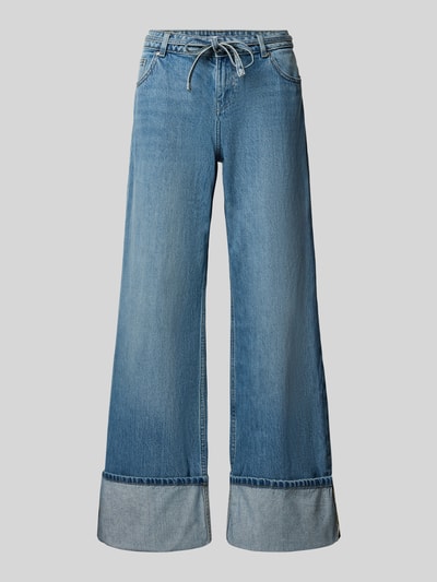 Produktfoto, Wide Fit Jeans aus reiner Baumwolle von Review, blaue Farbe, 5-Pocket-Design, Knopf- und Reißverschluss, grobes Denim, Damen Jeans, Bundweite 41 cm, Innenbeinlänge 75 cm