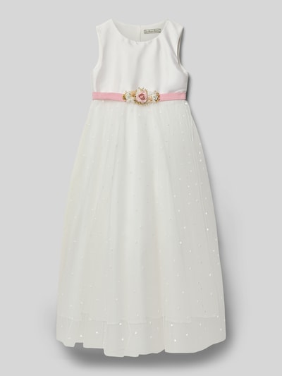 Productfoto, Regular Fit Midikleid met bloemenversiering van Une Hautre Couture, wit met roze band, ronde hals, katoenmix, mouwloos, knoopsluiting, gevoerde onderrok, ruglengte 100 cm bij maat 134.