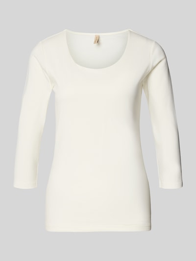 Productfoto, Shirt met lange mouwen model 'Pylle' van Soyaconcept, dames, katoenmix met stretch, slim fit, ronde hals, 3/4-mouwen, ruglengte maat S 63 cm, effen wit, gladde textuur